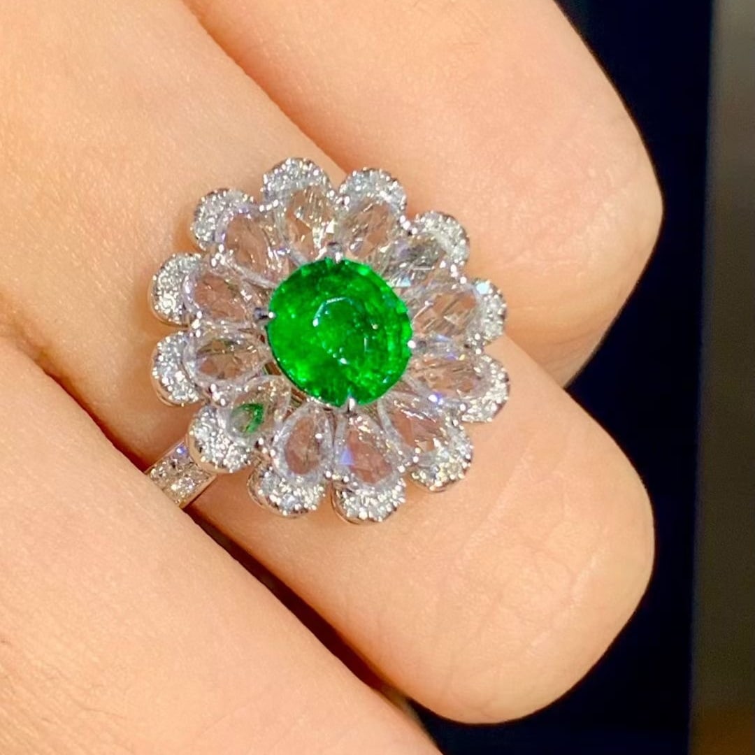 14k Gold 1.1 Ct Natural Tsavorite & Sapphire & Diamond Ring - 6