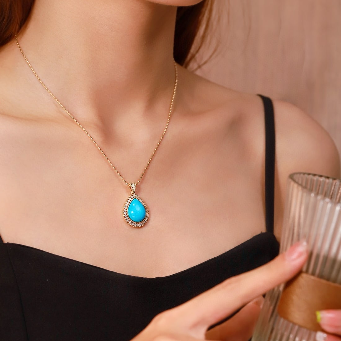 14k Gold 7.83 Ctw Natural Blue Turquoise & Diamond Pendant( Without Chain ) - 2