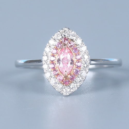 14k Gold 0.37 Ctw Natural Pink Diamond & Diamond Ring: Ref:231080019 // gold content:14k gold // ring size:7. 25us // // main gemstone:pink diamond // shape:marquise // carat weight:0. 19ct // color:pink // treatment:natural // // adjacent gemstone 2 :