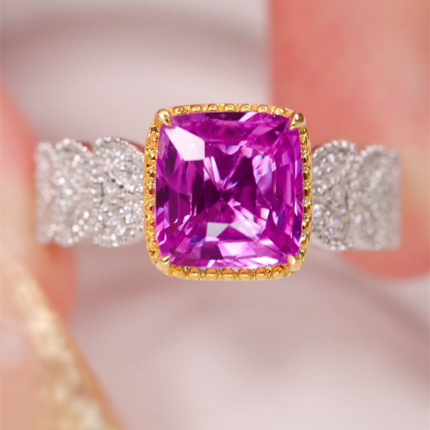 14k Gold 1.75 Ctw Natural Sapphire & Diamond Ring: Ref:231080048 // gold content:14k gold // ring size:7. 25us // // main gemstone:sapphire // shape:cushion // carat weight:1. 59ct // color:pink // treatment:natural // // adjacent gemstone 2 : diamond