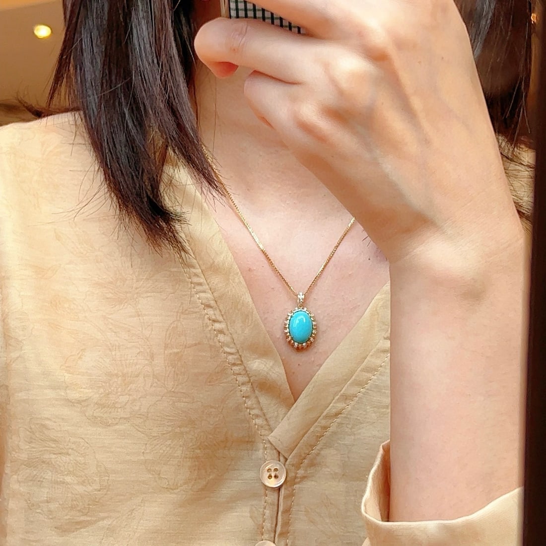 14k Gold 4.77 Ctw Natural Blue Turquoise & Diamond Pendant( Without Chain ) - 4