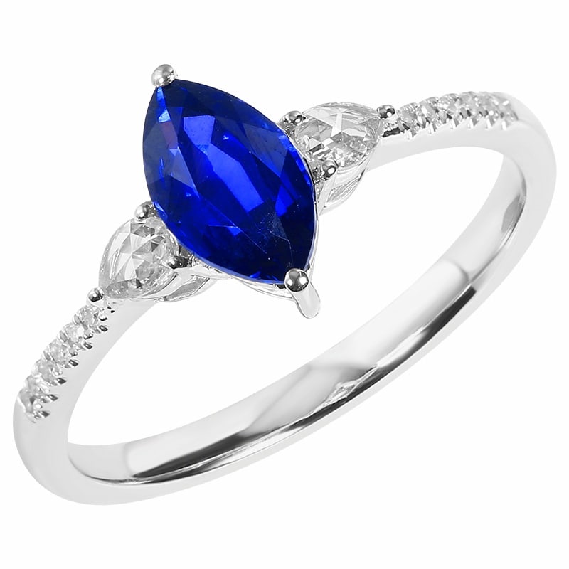 14k Gold 1.26 Ctw Natural Sapphire & Diamond Ring: Ref:231080088 // gold content:14k gold // ring size:7. 25us // // main gemstone:sapphire // shape:marquise // carat weight:1. 15ct // color:royal blue // treatment:natural // // adjacent gemstone 2 : 