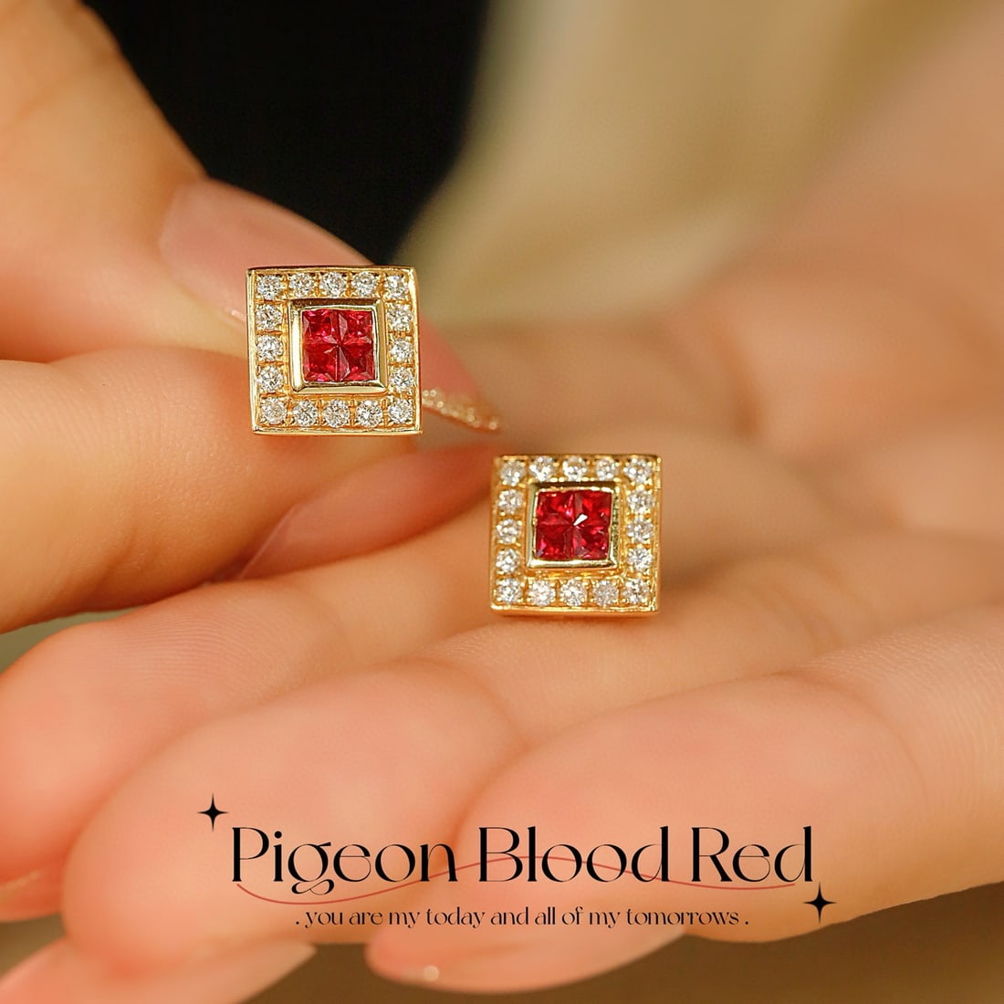 14k Gold 0.67 Ctw Natural Ruby & Diamond Earrings: Ref:231080101 // gold content:14k gold // main gemstone:ruby // shape:princess // carat weight:0. 37ct // color:pigeonblood red // treatment:natural // // adjacent gemstone 2 : diamond // shape:round