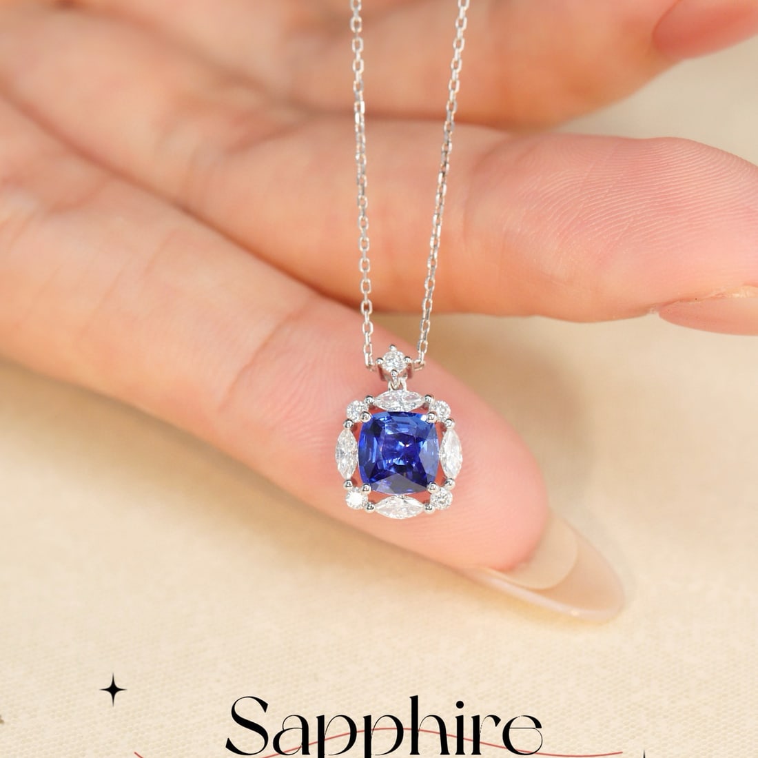 14k Gold 1.62 Ctw Vivid Blue Natural Sapphire & Diamond Necklace: Ref:231080115 // gold content:14k gold // main gemstone:sapphire // shape:cushion // carat weight:1. 30ct // color:vivid blue // treatment:natural // // adjacent gemstone 2 : diamond //