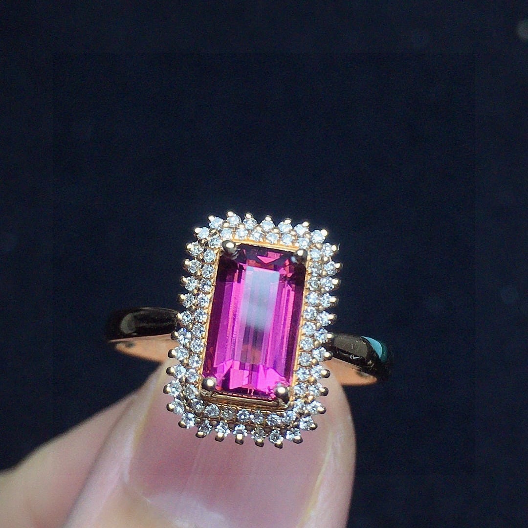 14k Gold 1.32 Ct Natural Tourmaline & Diamond Ring: Ref:231080120 // gold content:14k gold // ring size:7. 25us // // main gemstone:tourmaline // shape:octagonal // carat weight:1. 32ct // color:red // treatment:natural // // adjacent gemstone 2 :