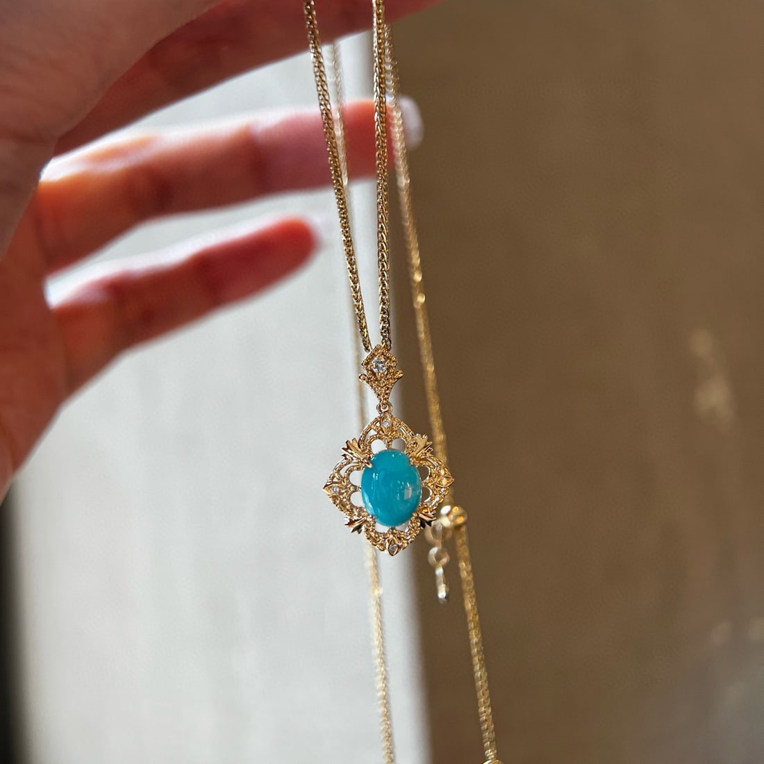 14k Gold 1.51 Ctw Natural Blue Turquoise & Diamond Pendant( Without Chain ) - 2