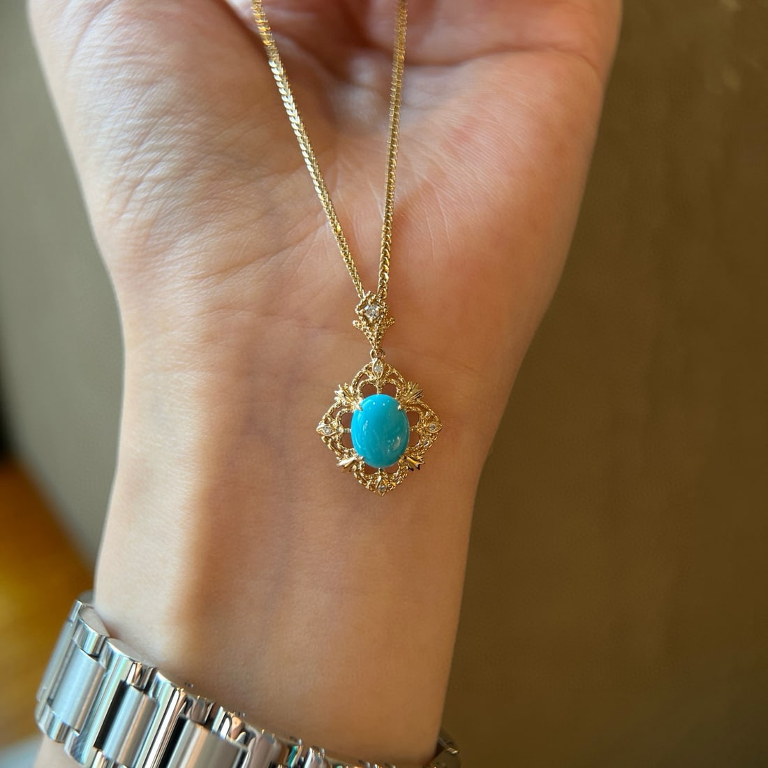 14k Gold 1.51 Ctw Natural Blue Turquoise & Diamond Pendant( Without Chain ) - 3