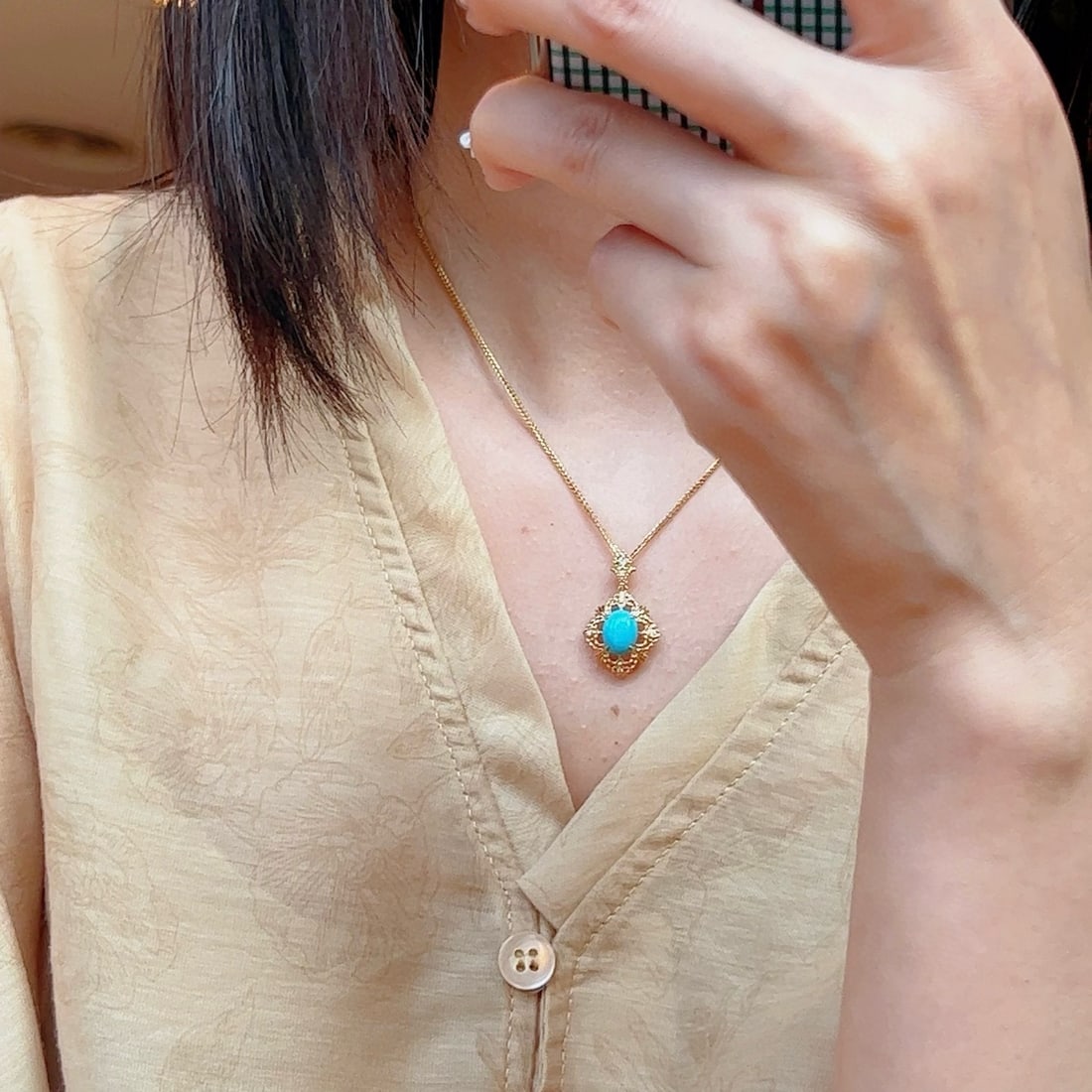 14k Gold 1.51 Ctw Natural Blue Turquoise & Diamond Pendant( Without Chain ) - 4