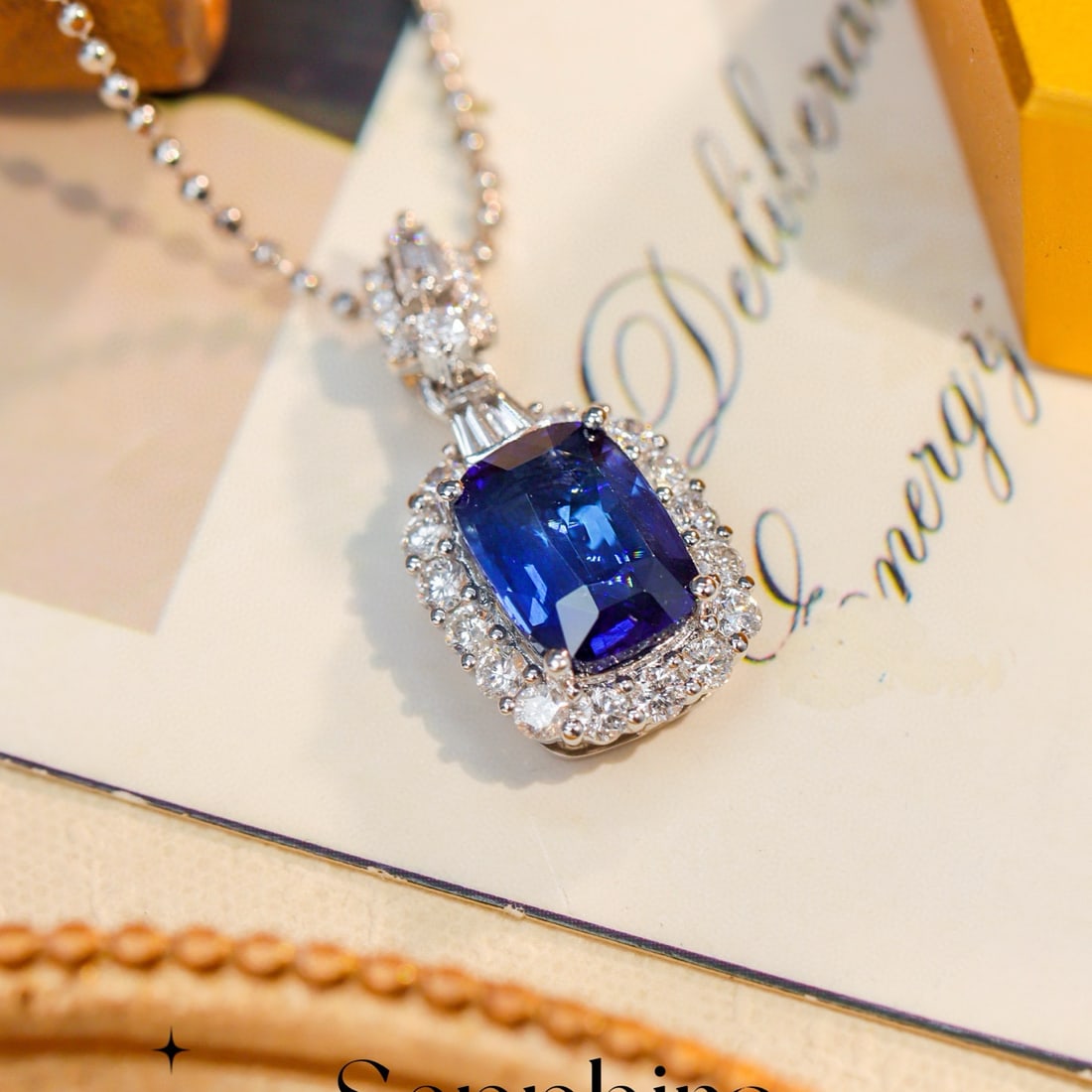 14k Gold 2.52 Ctw Natural Sapphire & Diamond Pendant( Without Chain ): Ref:231080155 // gold content:14k gold // main gemstone:sapphire // shape:cushion // carat weight:2. 08ct // color:royal blue // treatment:natural // // adjacent gemstone 2 : diamond // shape:multiple