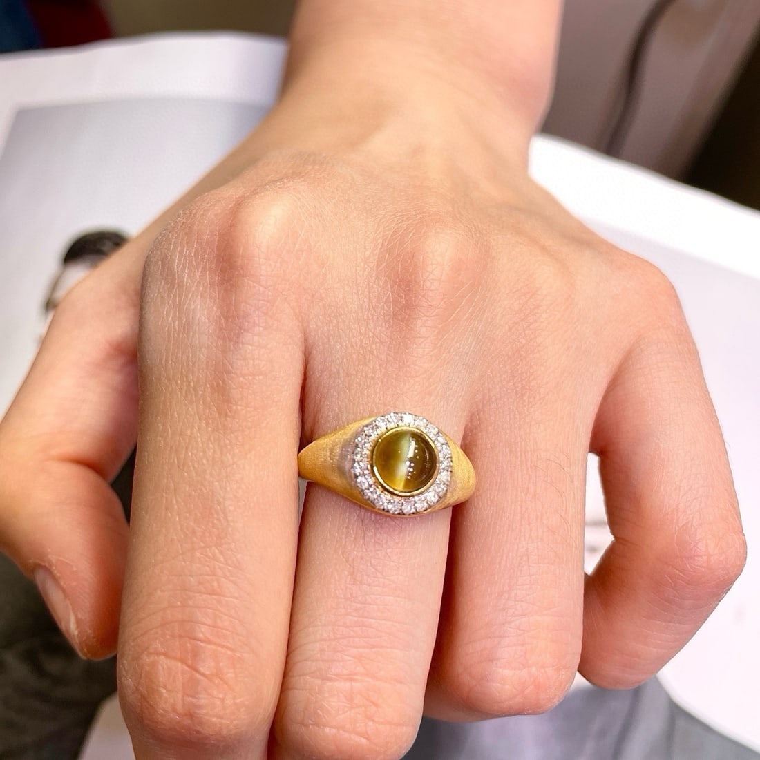 14k Gold 1.39 Ct Natural Cat's?Eye Chrysoberyl & Diamond Ring - 5