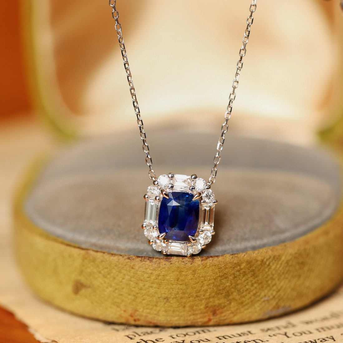 14k Gold 2.14 Ctw Natural Sapphire & Diamond Necklace: Ref:231080179 // gold content:14k gold // main gemstone:sapphire // shape:cushion // carat weight:1. 51ct // color:royal blue // treatment:natural // // adjacent gemstone 2 : diamond //