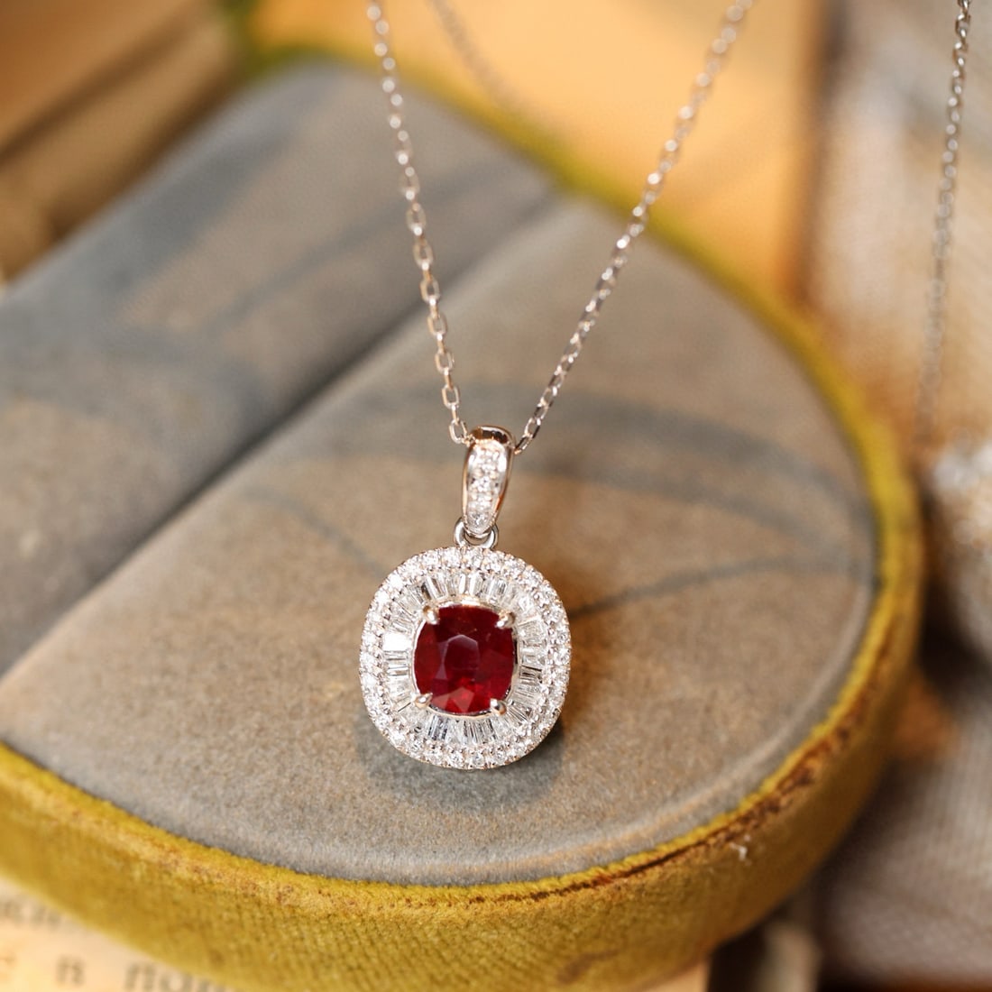 14k Gold 1.33 Ctw Natural Ruby & Diamond Pendant( Without Chain ): Ref:231080187 // gold content:14k gold // main gemstone:ruby // shape:cushion // carat weight:1. 02ct // color:pigeonblood red // treatment:natural // // adjacent gemstone 2 : diamond //
