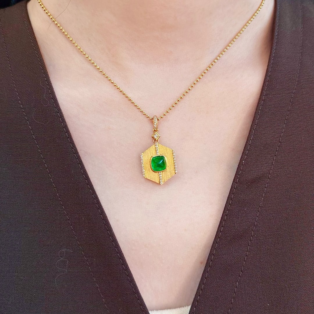 14k Gold 1.86 Ctw Vivid Green Natural Emerald & Diamond Pendant( Without Chain ) - 6