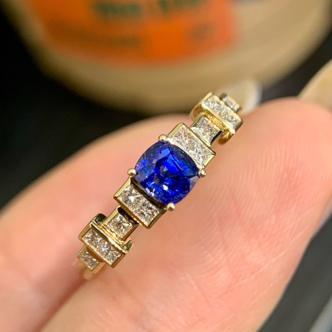 14k Gold 0.81 Ctw Vivid Blue Natural Sapphire & Diamond Ring: Ref:231080201 // gold content:14k gold // ring size:7. 25us // // main gemstone:sapphire // shape:cushion // carat weight:0. 57ct // color:vivid blue // treatment:natural // // adjacent gemstone 2 :