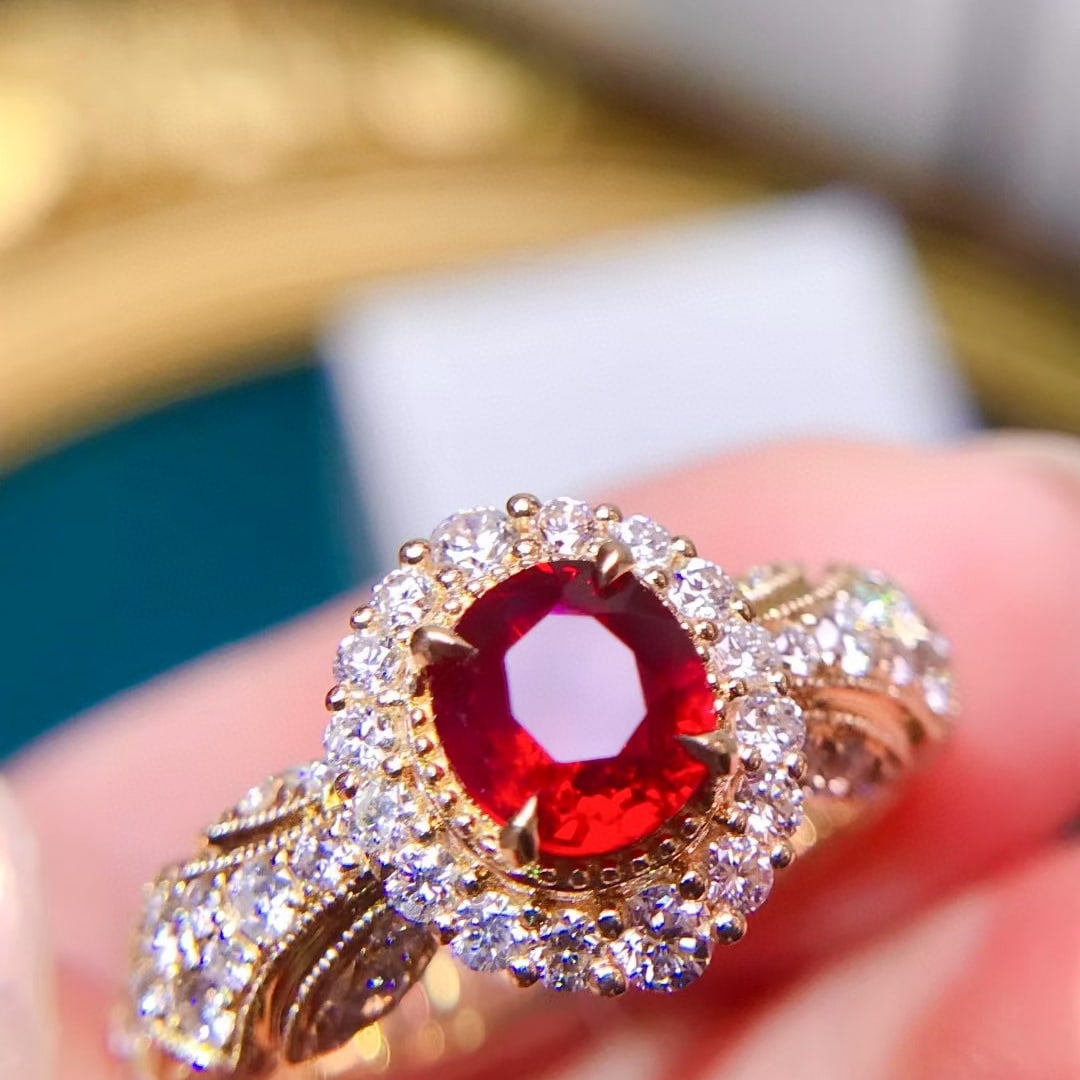 14k Gold 1.86 Ctw Natural Ruby & Diamond Ring: Ref:231080224 // gold content:14k gold // ring size:7. 25us // // main gemstone:ruby // shape:oval // carat weight:1. 01ct // color:pigeonblood red // treatment:natural // // adjacent gemstone 2 : dia