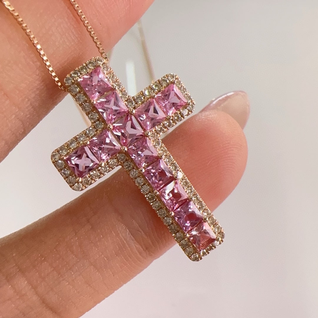 14k Gold 3.30 Ctw Natural Sapphire & Diamond Necklace: Ref:231080226 // gold content:14k gold // main gemstone:sapphire // shape:princess // carat weight:3. 00ct // color:pink // treatment:natural // // adjacent gemstone 2 : diamond // shape:round //