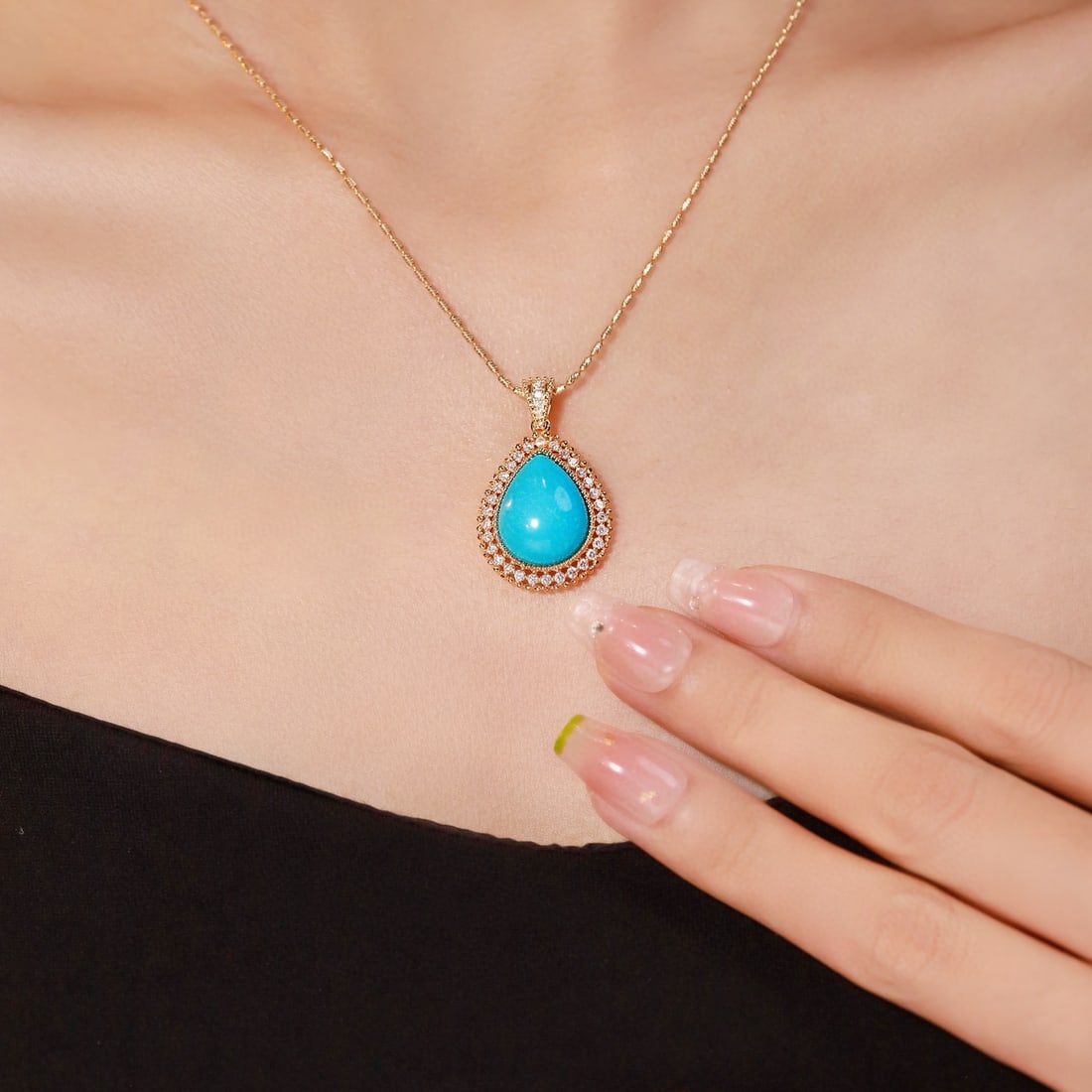 14k Gold 7.83 Ctw Natural Blue Turquoise & Diamond Pendant( Without Chain ) - 2