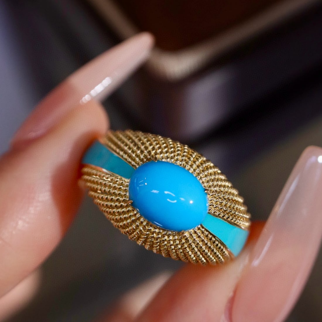 14k Gold 1.75 Ct Natural Blue Turquoise Ring - 5