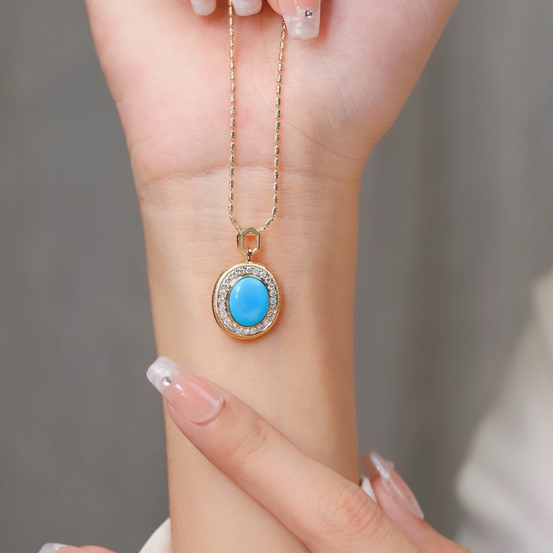 14k Gold 2.67 Ctw Natural Blue Turquoise & Diamond Pendant( Without Chain ) - 4