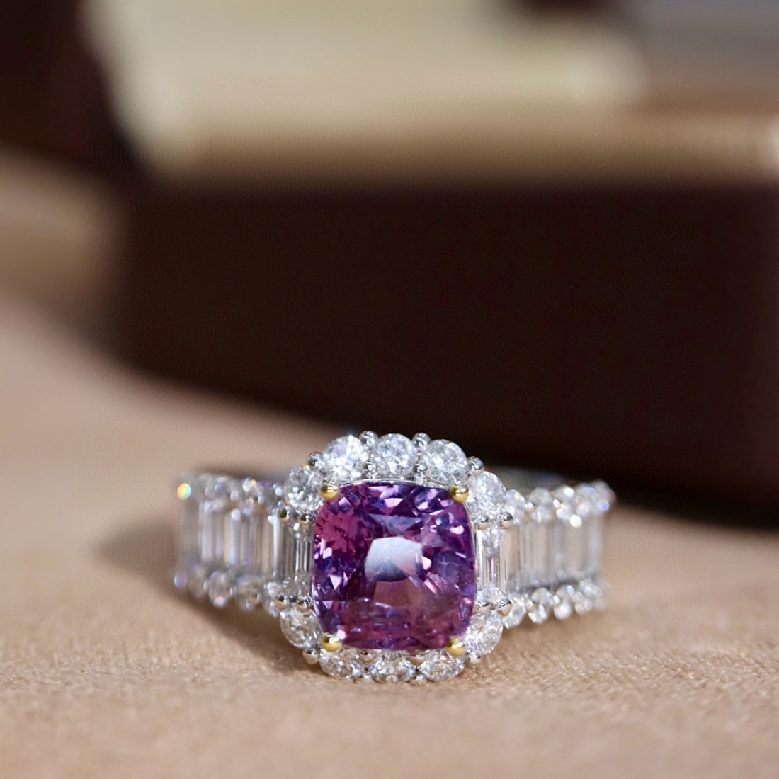 14k Gold 2.84 Ctw Natural Sapphire & Diamond Ring: Ref:231080307 // gold content:14k gold // ring size:7. 25us // // main gemstone:sapphire // shape:cushion // carat weight:2. 01ct // color:purple // treatment:natural // // adjacent gemstone 2 : diamo