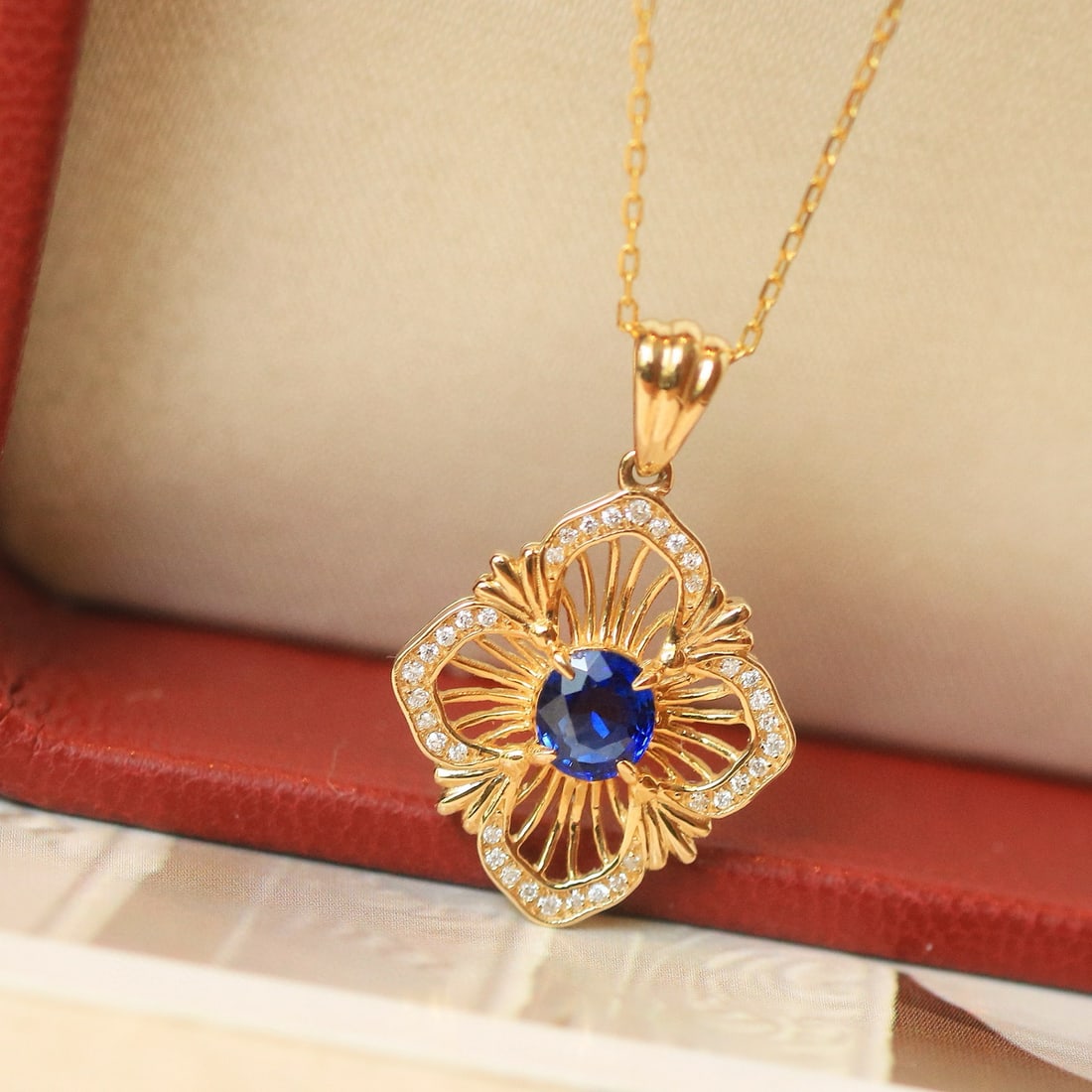 14k Gold 0.58 Ctw Natural Sapphire & Diamond Pendant( Without Chain ) - 2
