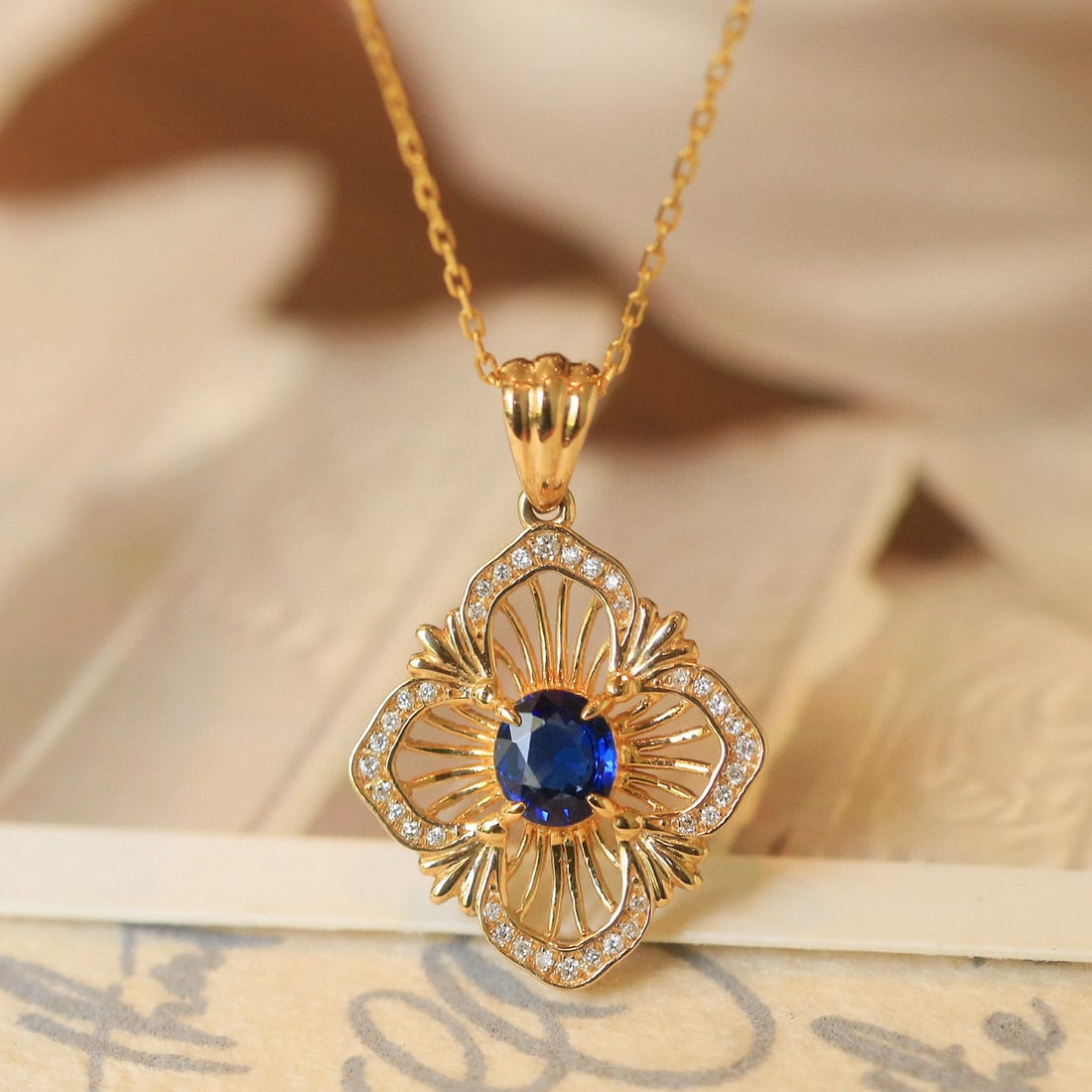 14k Gold 0.58 Ctw Natural Sapphire & Diamond Pendant( Without Chain ) - 3