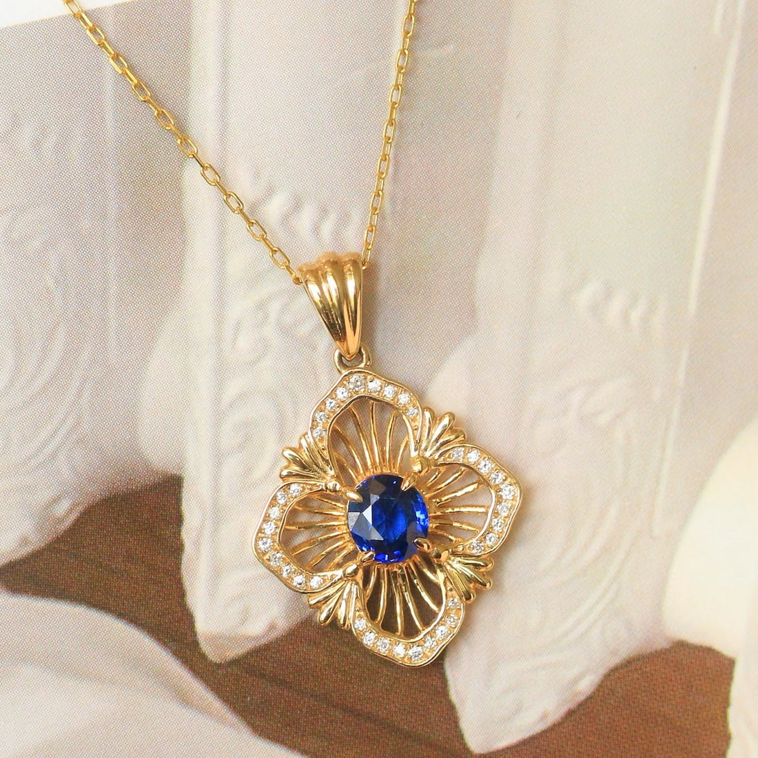 14k Gold 0.58 Ctw Natural Sapphire & Diamond Pendant( Without Chain ) - 4