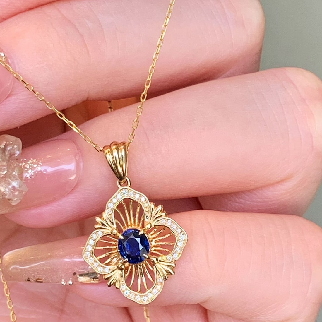 14k Gold 0.58 Ctw Natural Sapphire & Diamond Pendant( Without Chain ) - 6