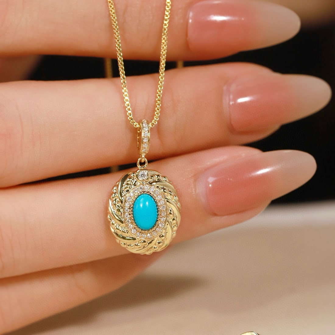 14k Gold 0.5 Ctw Natural Blue Turquoise & Diamond Pendant( Without Chain ) - 2