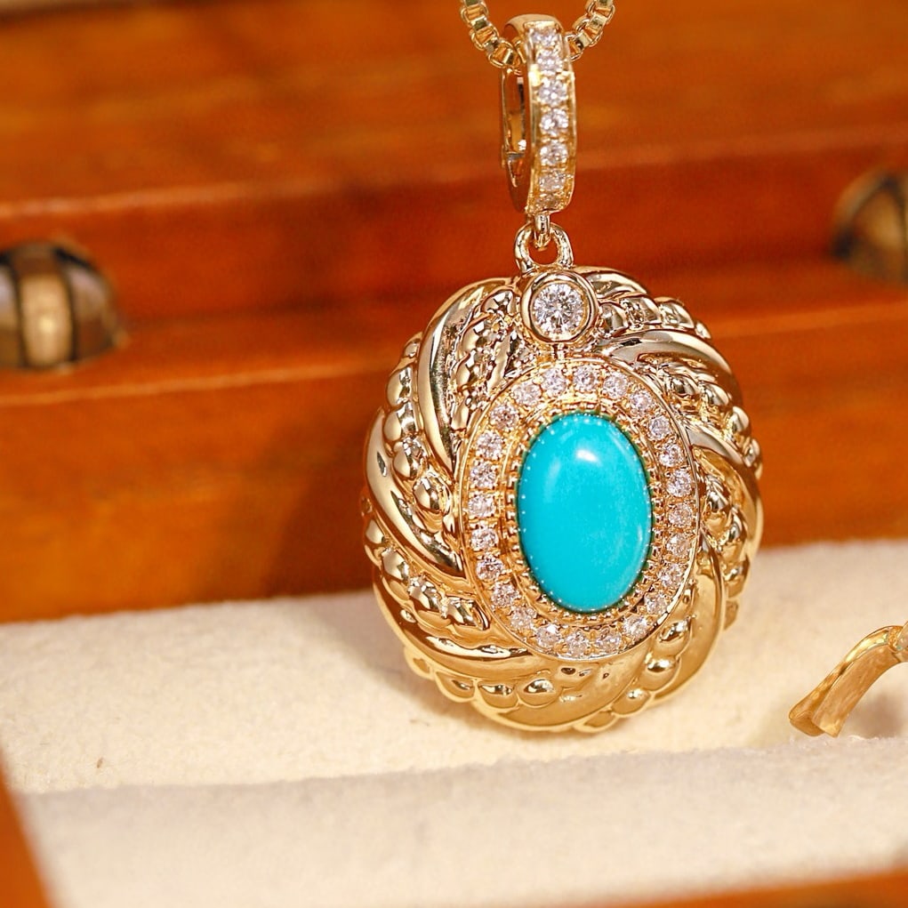 14k Gold 0.5 Ctw Natural Blue Turquoise & Diamond Pendant( Without Chain ) - 3