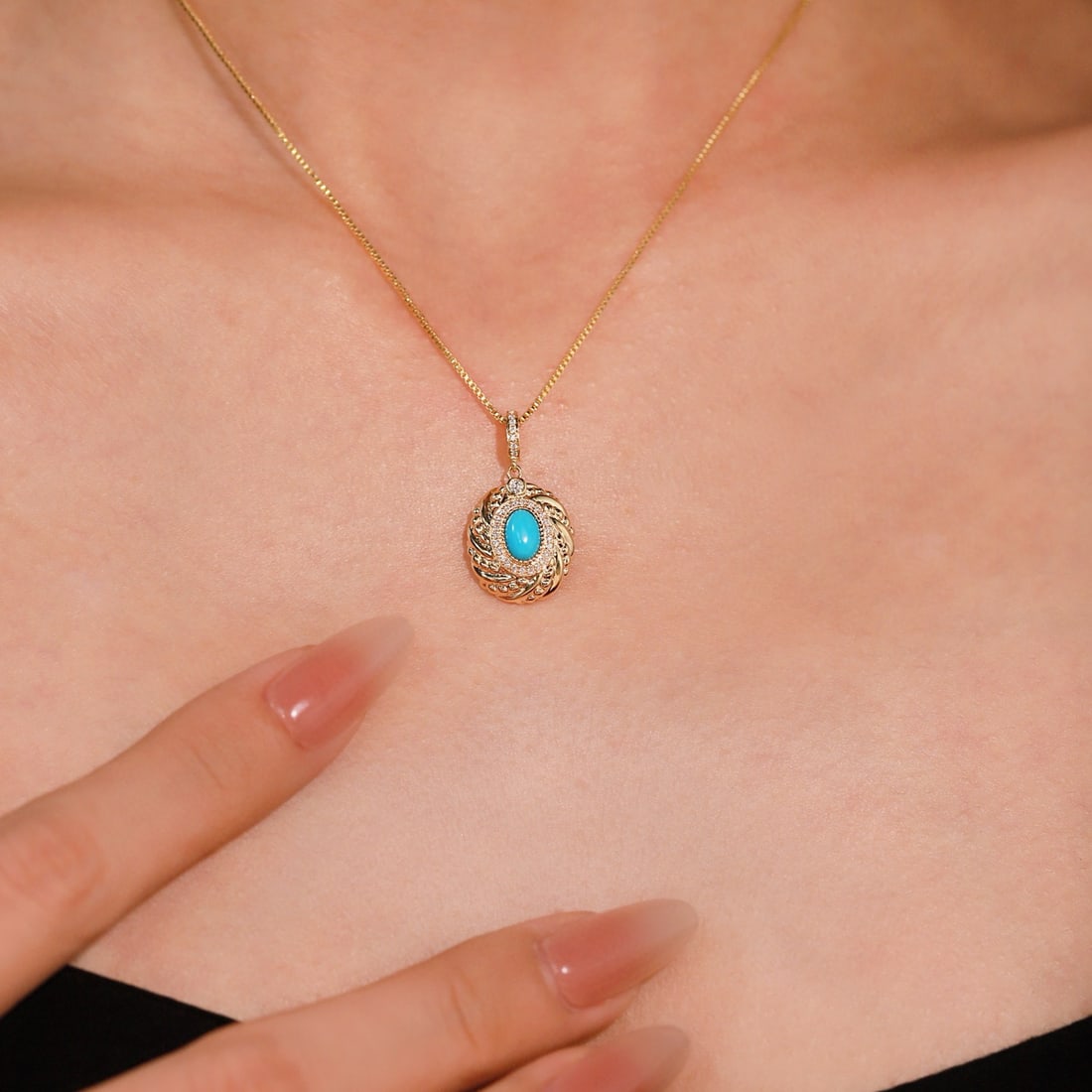 14k Gold 0.5 Ctw Natural Blue Turquoise & Diamond Pendant( Without Chain ) - 5