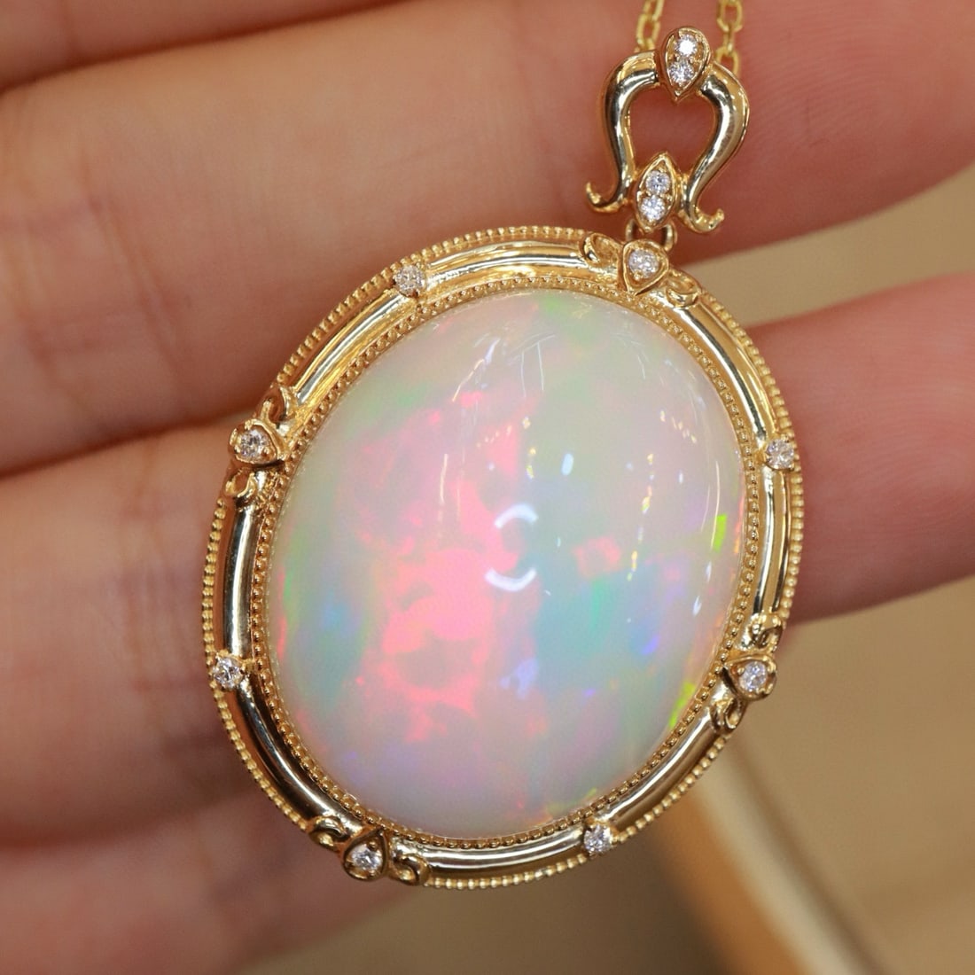 14k Gold 25.9 Ctw Natural Opal & Diamond Pendant( Without Chain ) - 4
