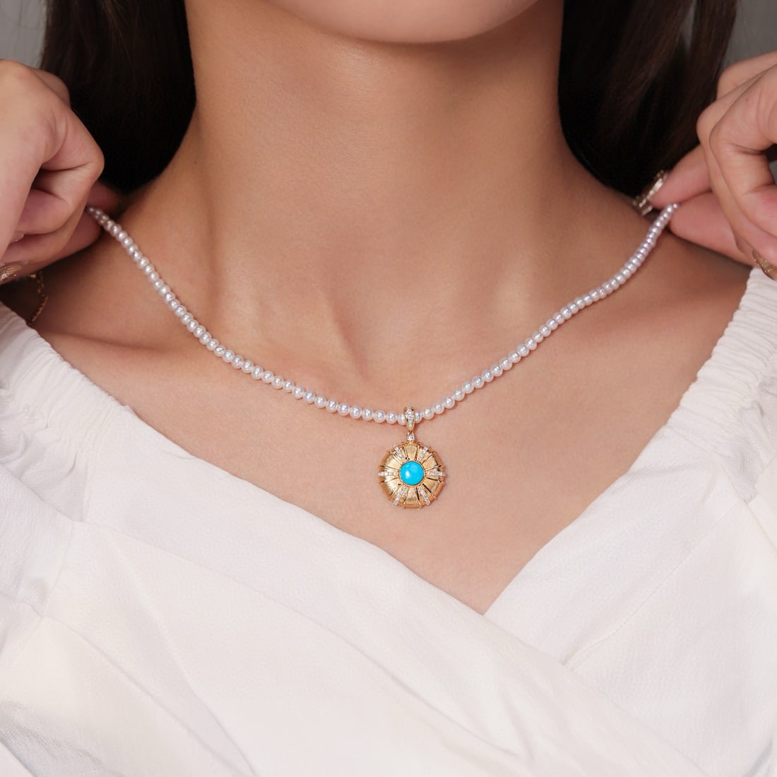 14k Gold 1.04 Ctw Natural Blue Turquoise & Diamond Pendant( Without Chain ) - 2