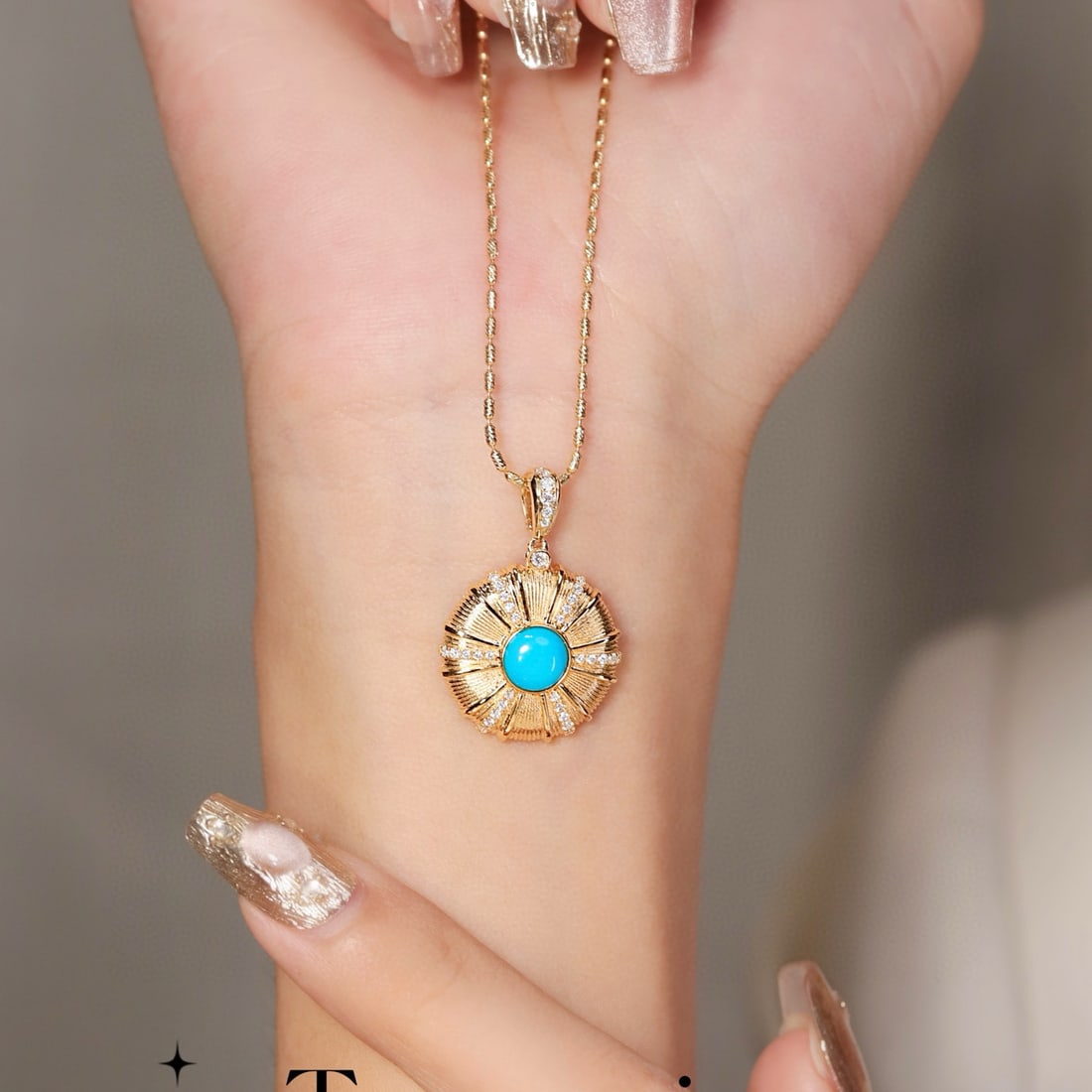 14k Gold 1.04 Ctw Natural Blue Turquoise & Diamond Pendant( Without Chain ) - 5