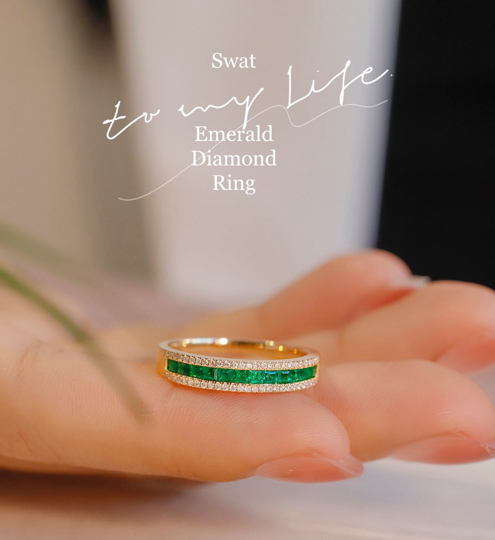 14k Gold 0.60 Ctw Vivid Green Natural Emerald & Diamond Ring: Ref:231080323 // gold content:14k gold // ring size:7. 25us // // main gemstone:emerald // shape:square // carat weight:0. 45ct // color:vivid green // treatment:natural // // adjacent gemstone 2 :