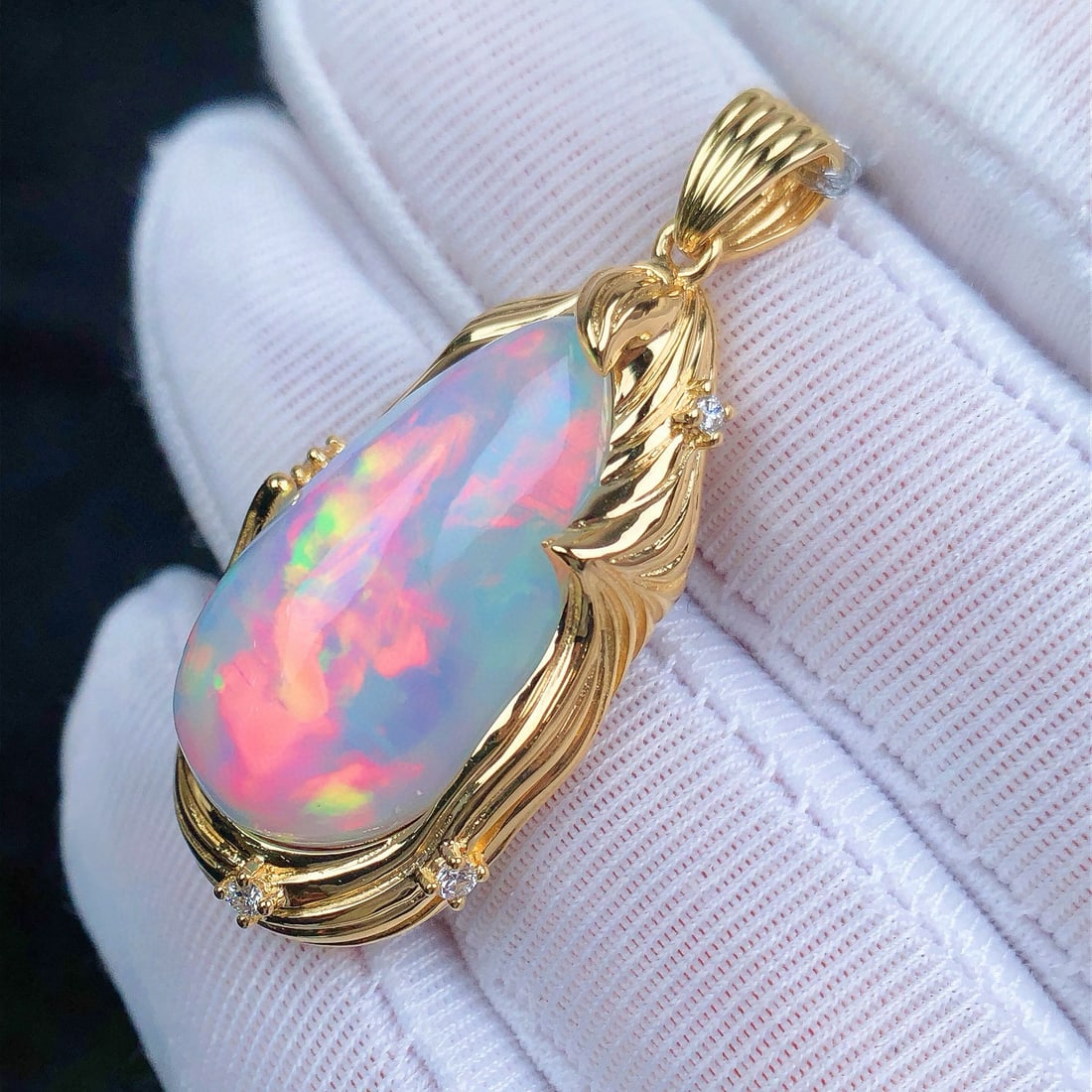 14k Gold 12.56 Ctw Natural Opal & Diamond Pendant( Without Chain ) - 2