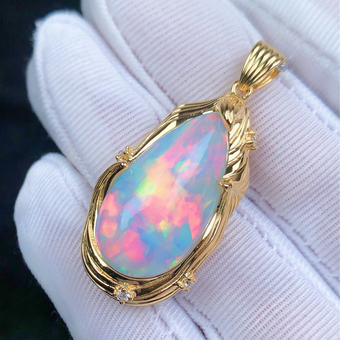 14k Gold 12.56 Ctw Natural Opal & Diamond Pendant( Without Chain ) - 3