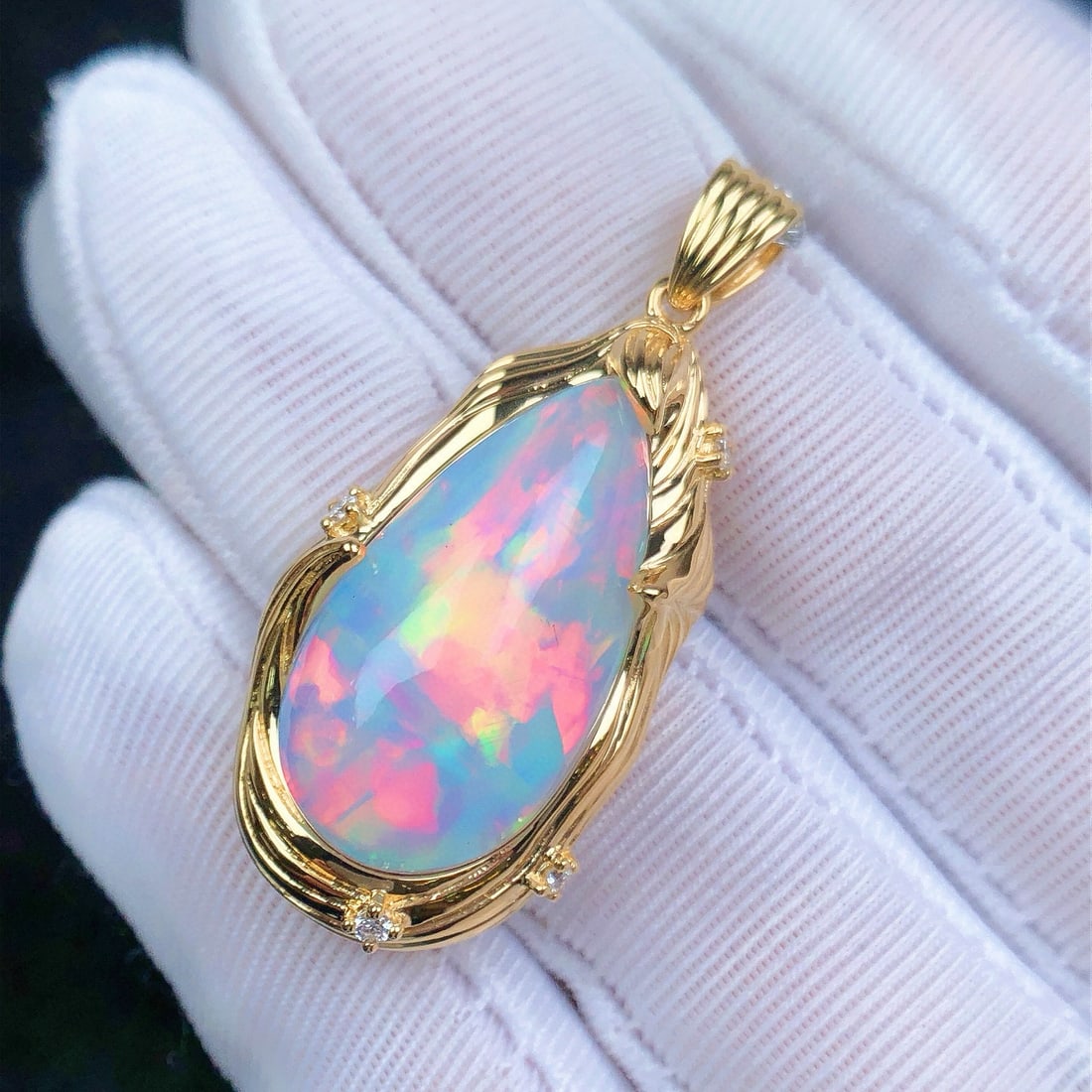 14k Gold 12.56 Ctw Natural Opal & Diamond Pendant( Without Chain ) - 4