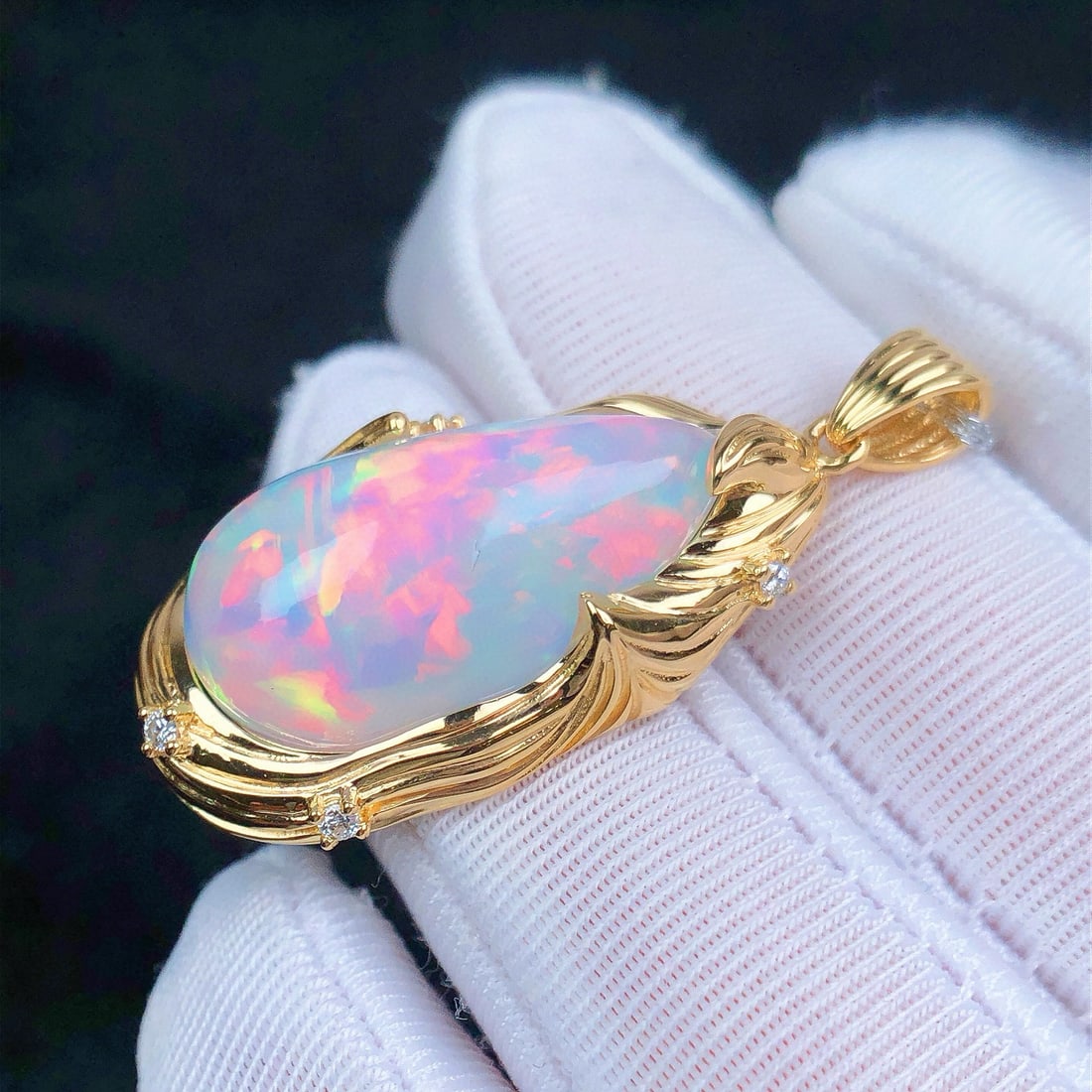 14k Gold 12.56 Ctw Natural Opal & Diamond Pendant( Without Chain ) - 6