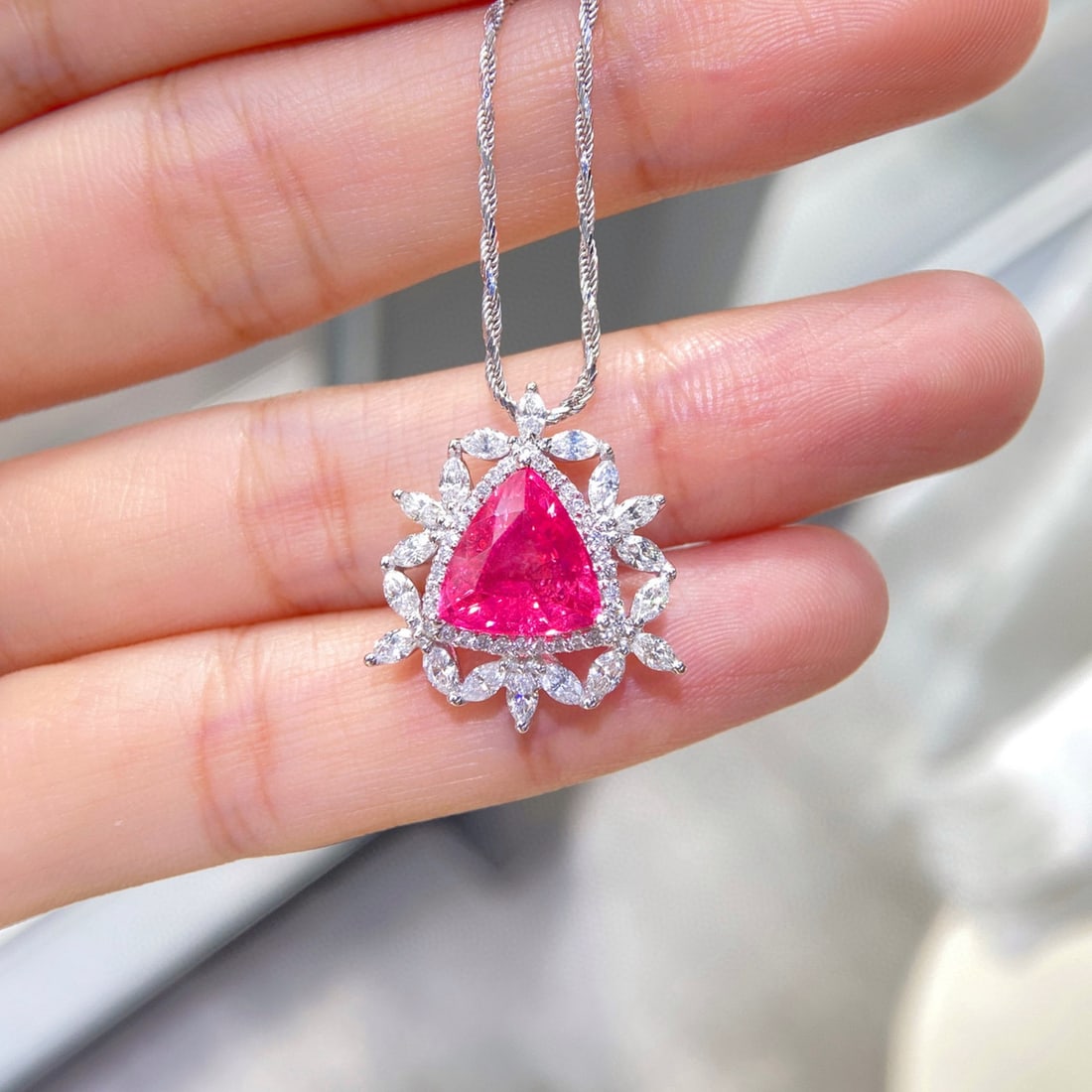 14k Gold 4.13 Ctw Natural Spinel & Diamond Necklace: Ref:231080357 // gold content:14k gold // main gemstone:spinel // shape:triangle // carat weight:3. 12ct // color:pink // treatment:natural // // adjacent gemstone 2 : diamond // shape:multiple //