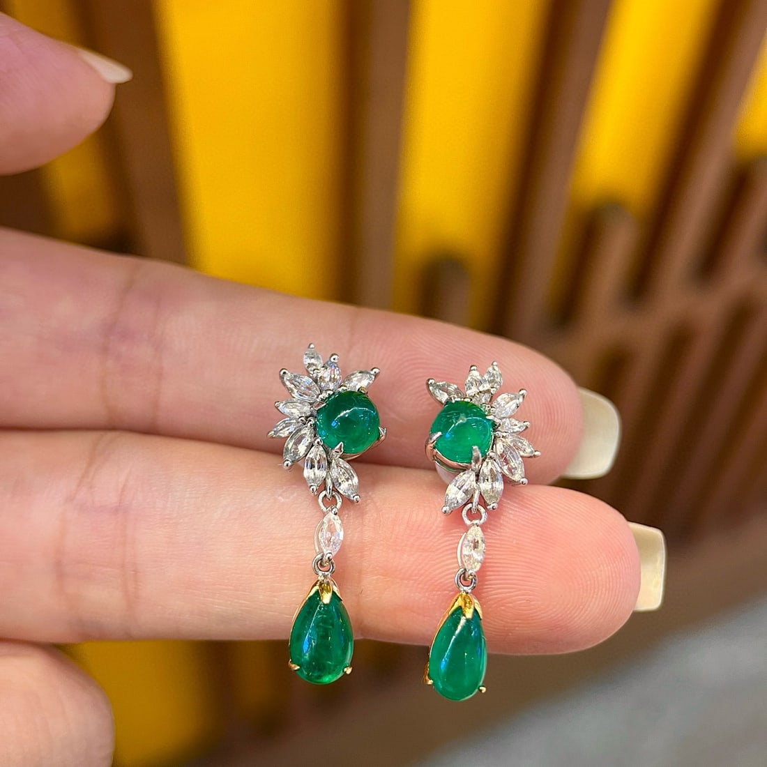 14k Gold 4.78 Ctw Vivid Green Natural Emerald & Sapphire Earrings - 2