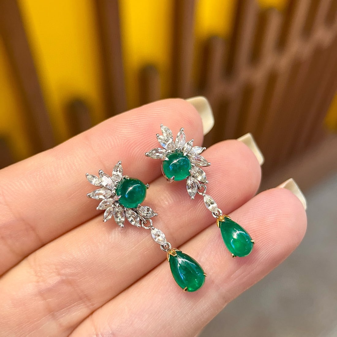 14k Gold 4.78 Ctw Vivid Green Natural Emerald & Sapphire Earrings - 4