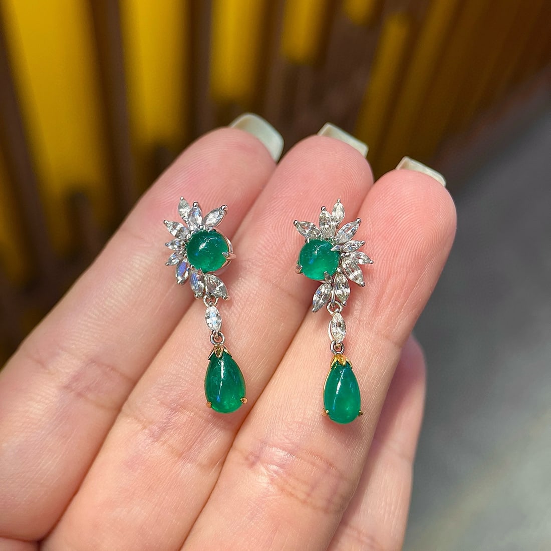 14k Gold 4.78 Ctw Vivid Green Natural Emerald & Sapphire Earrings - 5
