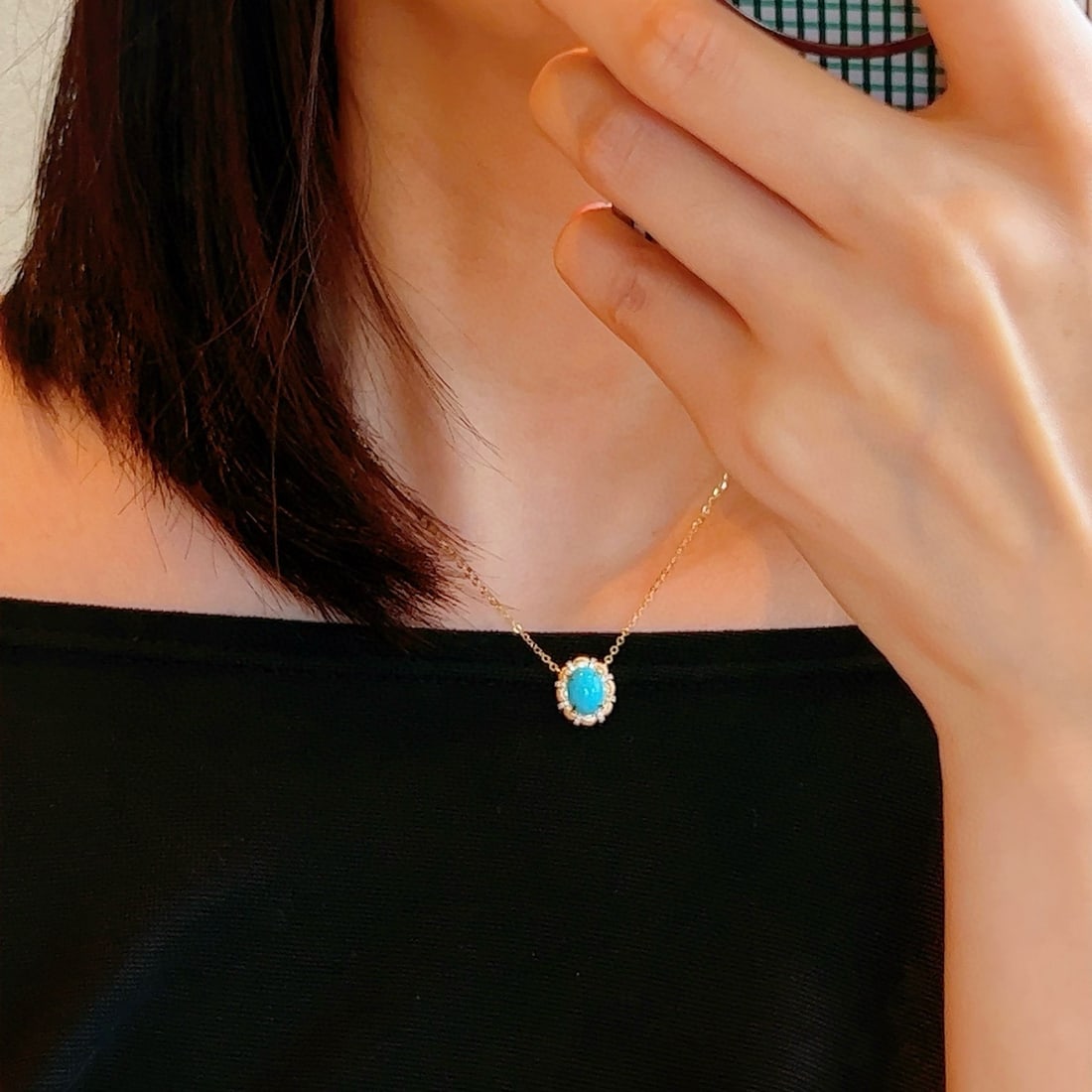 14k Gold 1.89 Ctw Natural Blue Turquoise & Diamond Necklace - 2