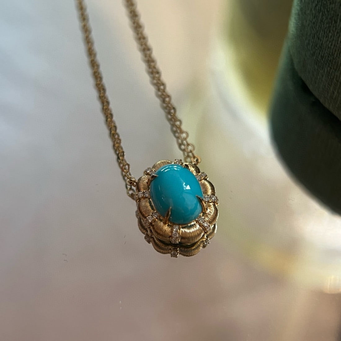 14k Gold 1.89 Ctw Natural Blue Turquoise & Diamond Necklace - 4