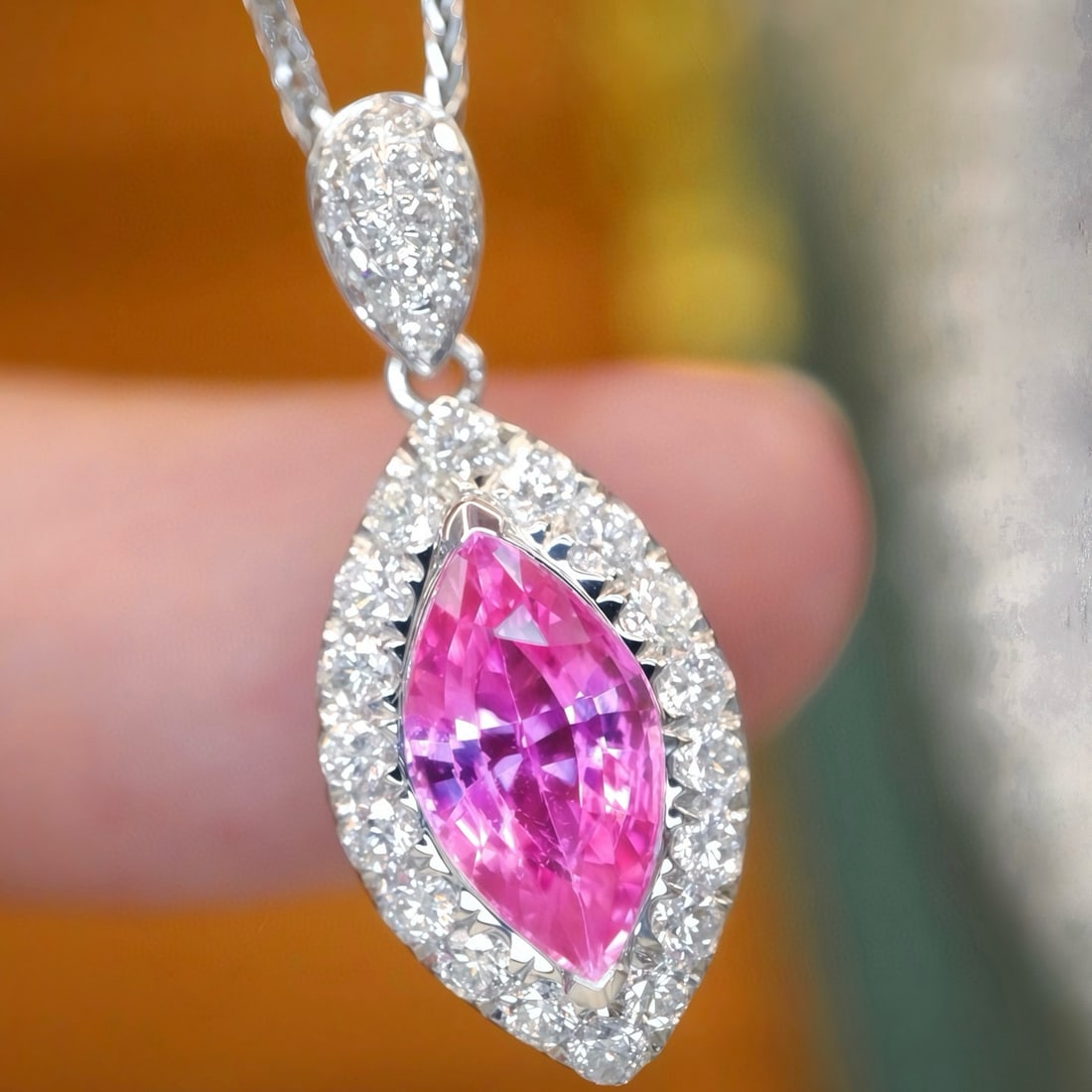 14k Gold 1.35 Ctw Natural Padparadscha Sapphire & Diamond Pendant( Without Chain ): Ref:231080381 // gold content:14k gold // main gemstone:padparadscha sapphire // shape:marquise // carat weight:1. 03ct // color:orangish pink // treatment:natural // // adjacent gemstone 2 : diamond 