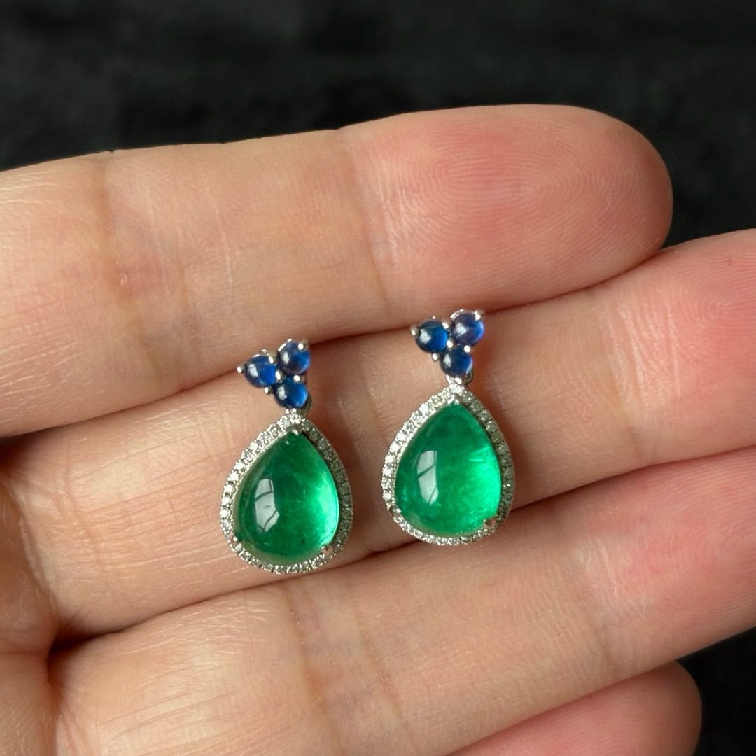 14k Gold 5.64 Ctw Vivid Green Natural Emerald & Diamond Earrings - 2