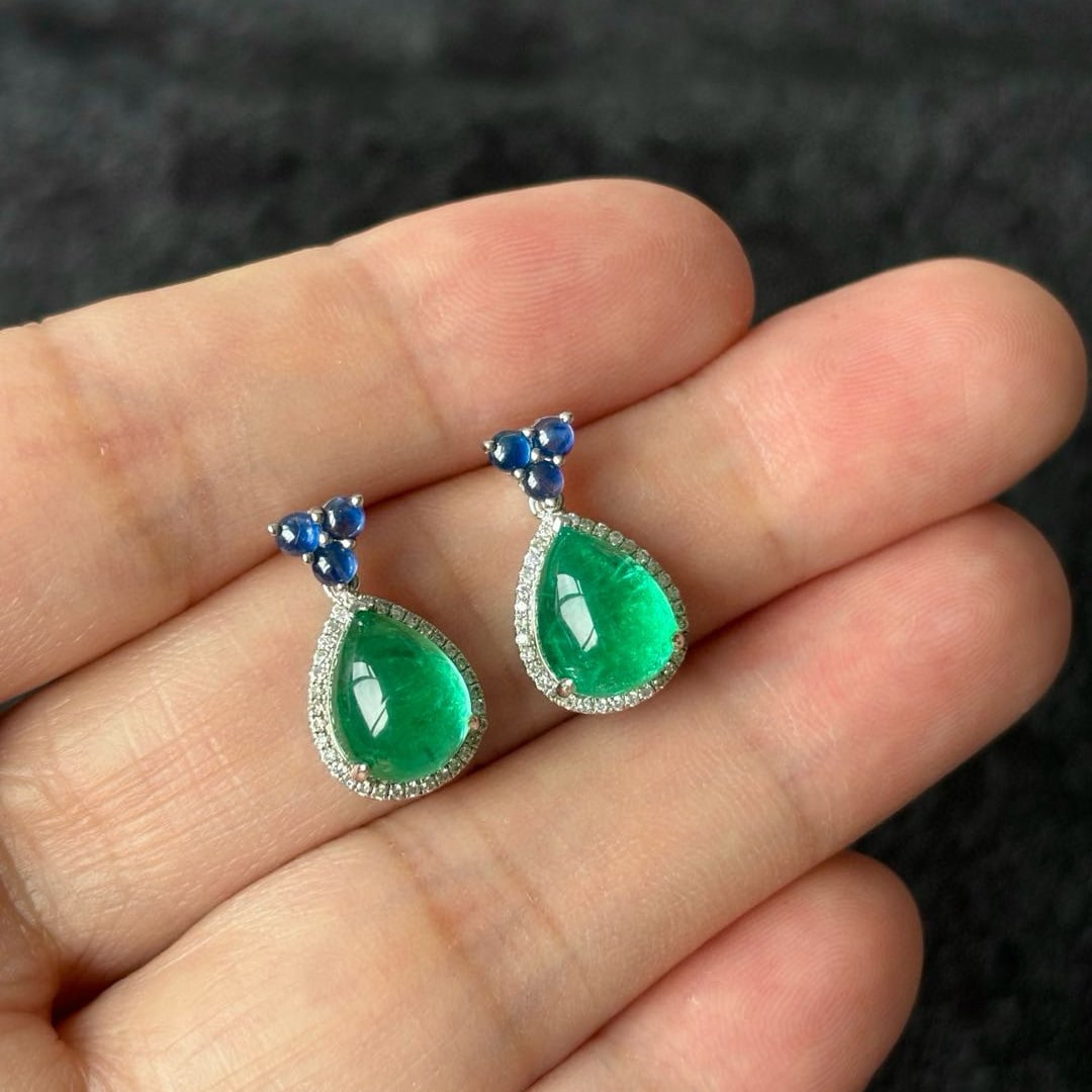14k Gold 5.64 Ctw Vivid Green Natural Emerald & Diamond Earrings - 3