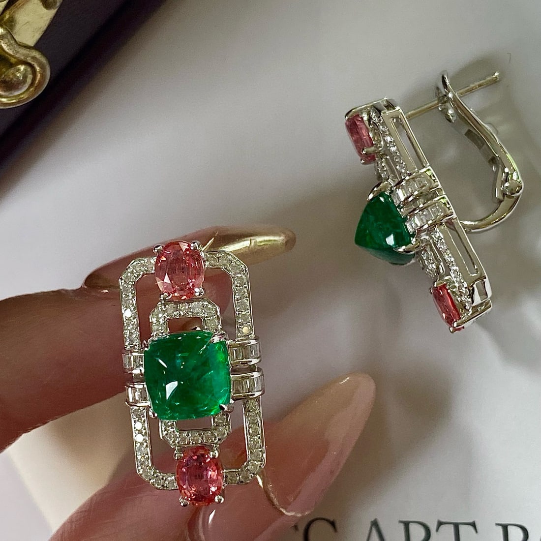 14k Gold 3.78 Ctw Vivid Green Natural Emerald & Diamond Earrings - 4