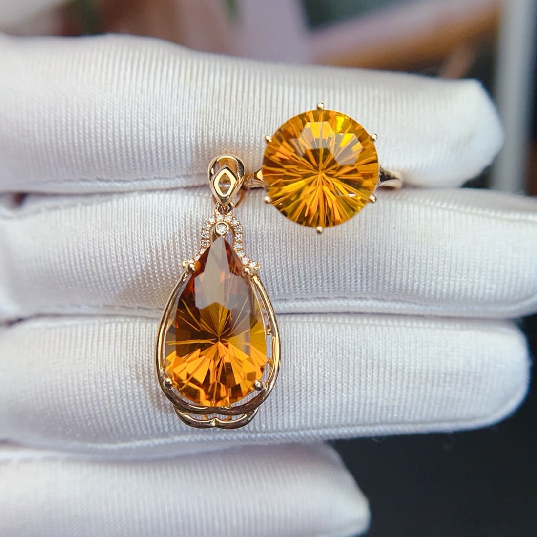 14k Gold 14.60 Ctw Natural Citrine & Diamond Jewelry Set - 2